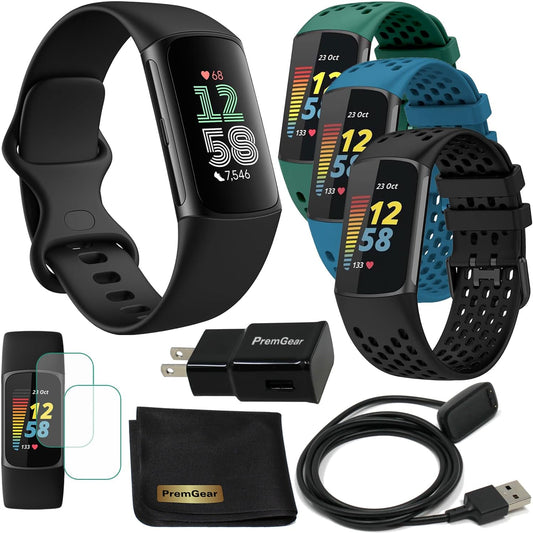 Charge 6 Fitness Tracker Watch with Google Apps (Black) Bundle with Premgear 3 Silicone Comfortable Watch Bands, 3Foot Charge Cable, Adapter, Screen Shields & Cloth