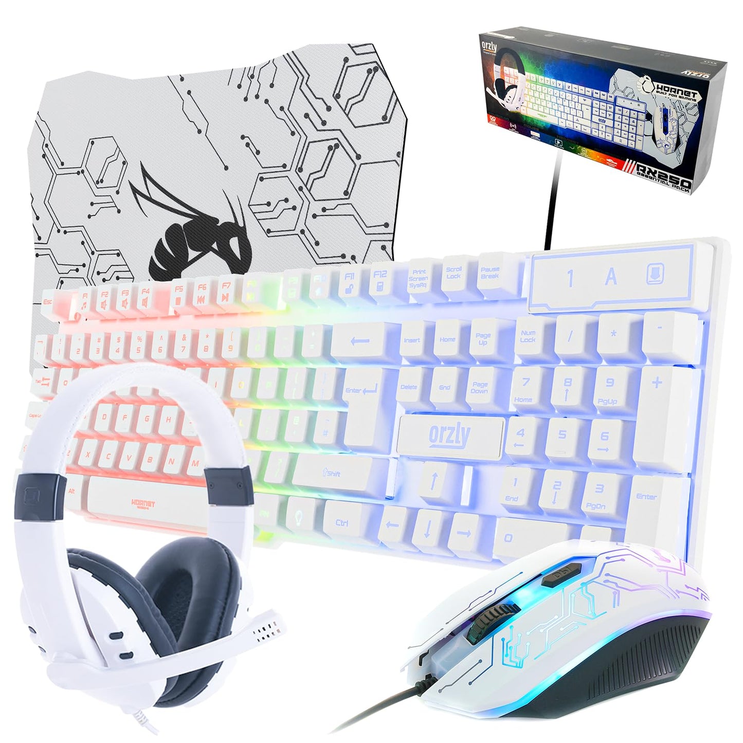 Gaming Keyboard and Mouse and Mouse Pad and Gaming Headset, Wired LED RGB Backlight Bundle for PC Gamers and Xbox and PS4 Users - 4 in 1 Edition Hornet RX-250
