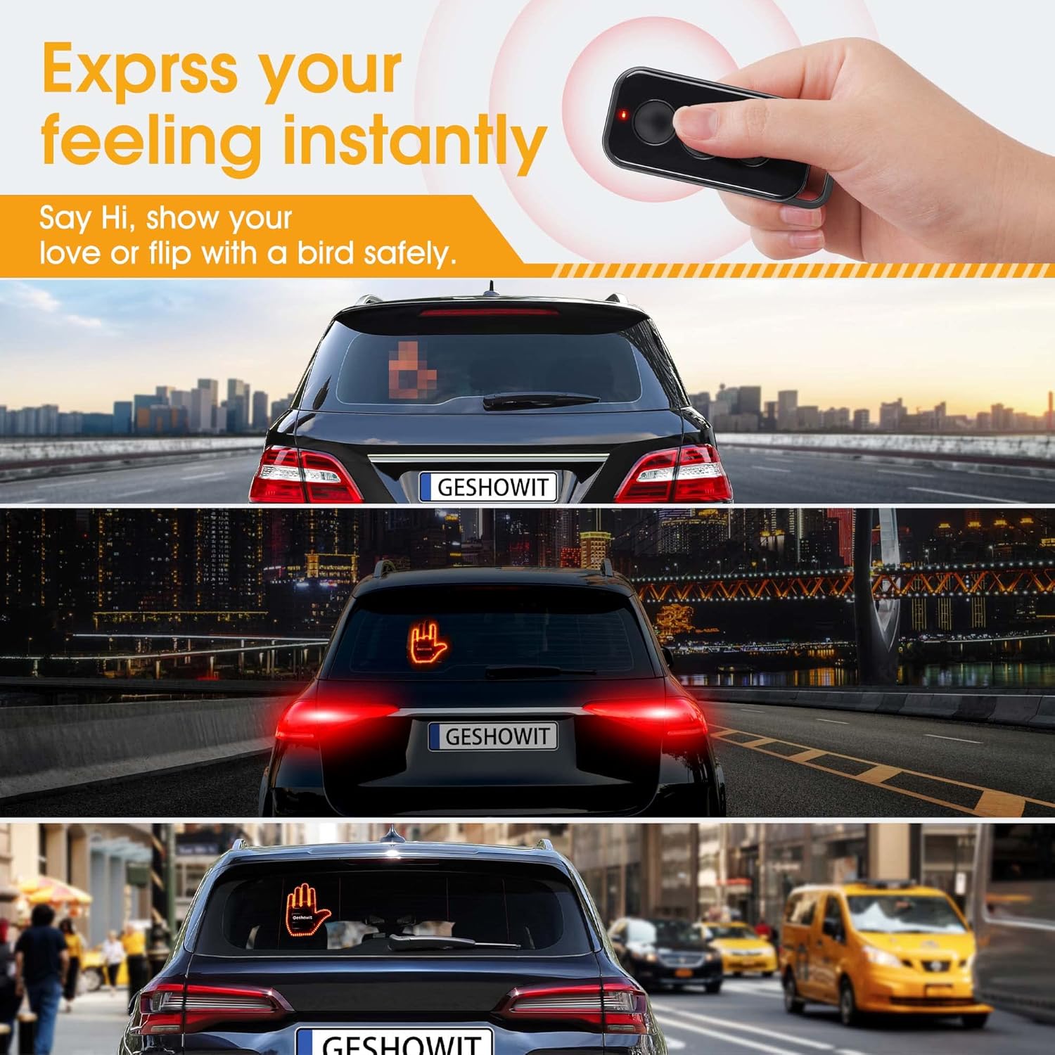 Car Accessories for Men, Car Finger Light with Remote - Give the Bird & Wave & Love to Drivers - Truck Accessories, Finger Flicker LED Hand Gesture Signs, Ideal Gift for Men and Women