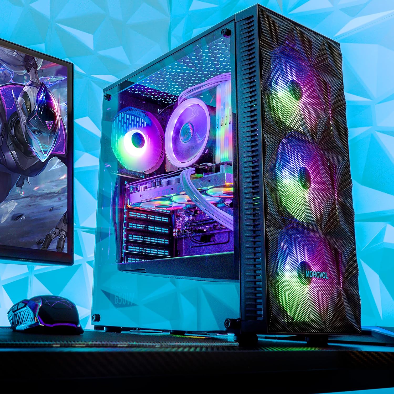 PC Case Pre-Install 4 RGB Fans, ATX Gaming Computer Case with Diamond-Shaped Mesh Front & Tempered Glass Side Panel, USB 3.0 Airflow Mid Tower Case,621
