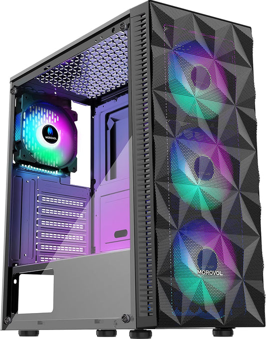 PC Case Pre-Install 4 RGB Fans, ATX Gaming Computer Case with Diamond-Shaped Mesh Front & Tempered Glass Side Panel, USB 3.0 Airflow Mid Tower Case,621