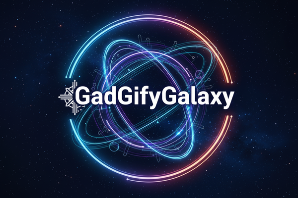 A futuristic logo with “GadGifyGalaxy” written in bold white letters on a dark space background, surrounded by stars and glowing rings, representing advanced technology and discovery.