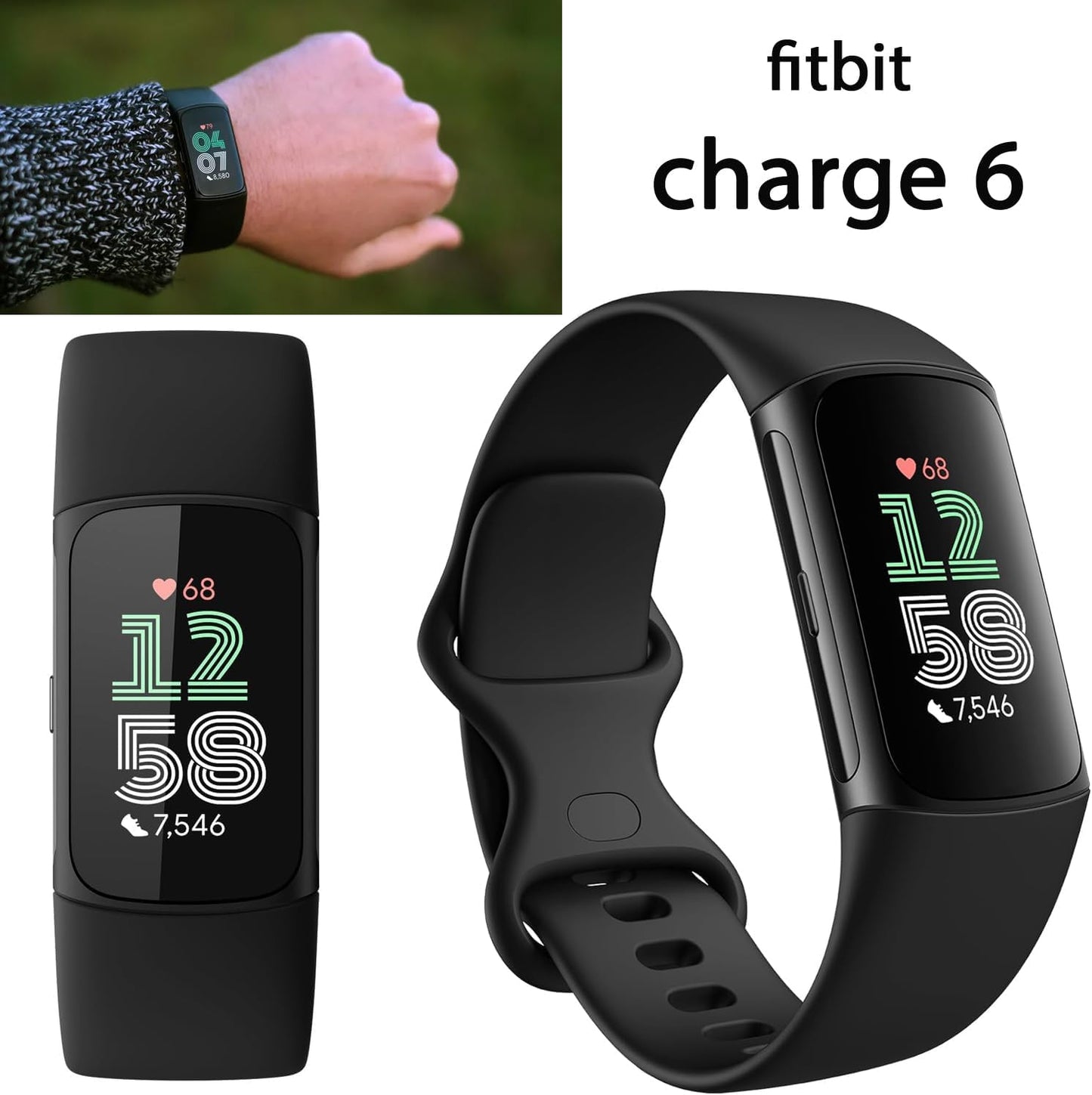 Charge 6 Fitness Tracker Watch with Google Apps (Black) Bundle with Premgear 3 Silicone Comfortable Watch Bands, 3Foot Charge Cable, Adapter, Screen Shields & Cloth
