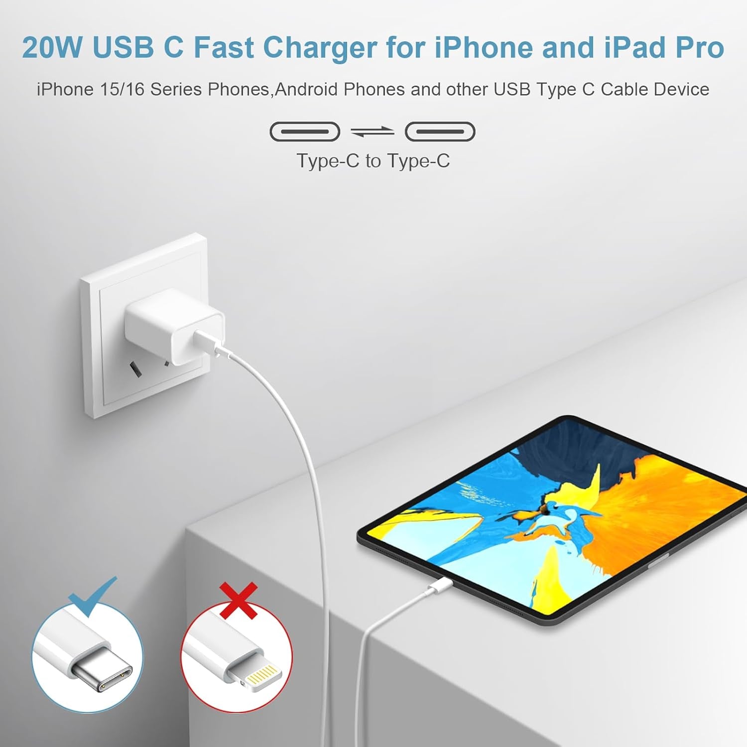 Fast Charging Type C Chargers USB C Charger Block Iphone 17 16 15 Air Pro Max Chargers with 6FT Cable