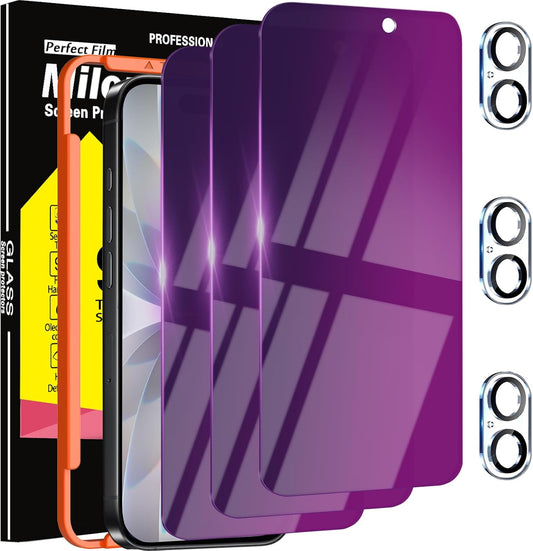 3 Pack Gradient Colorful Privacy Screen Protector for Iphone 17 [Anti-Blue Light Private Film], 3 Pacs Camera Lens Protector Accessories, Case Friendly, Anti-Spy Tempered Glass,Purple