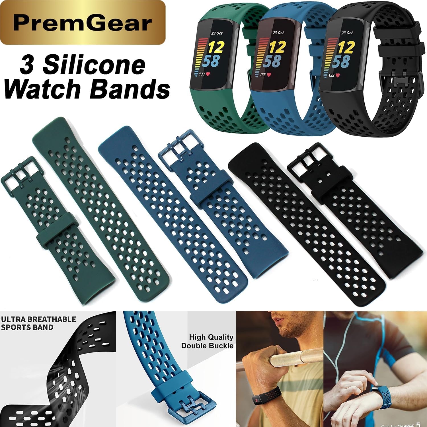 Charge 6 Fitness Tracker Watch with Google Apps (Black) Bundle with Premgear 3 Silicone Comfortable Watch Bands, 3Foot Charge Cable, Adapter, Screen Shields & Cloth
