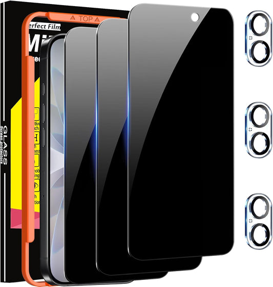 3 Pack Privacy Screen Protector for Iphone 17 [Phone Case Friendly] Accessories Private Film, 3 Pacs Tempered Glass Camera Lens Protector, with Mounting Frame for Apple anti Spy,Black